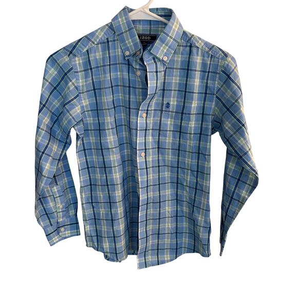 IZOD Shirt Kids Blue/Yellow Striped M Collared Button Down - Picture 2 of 5